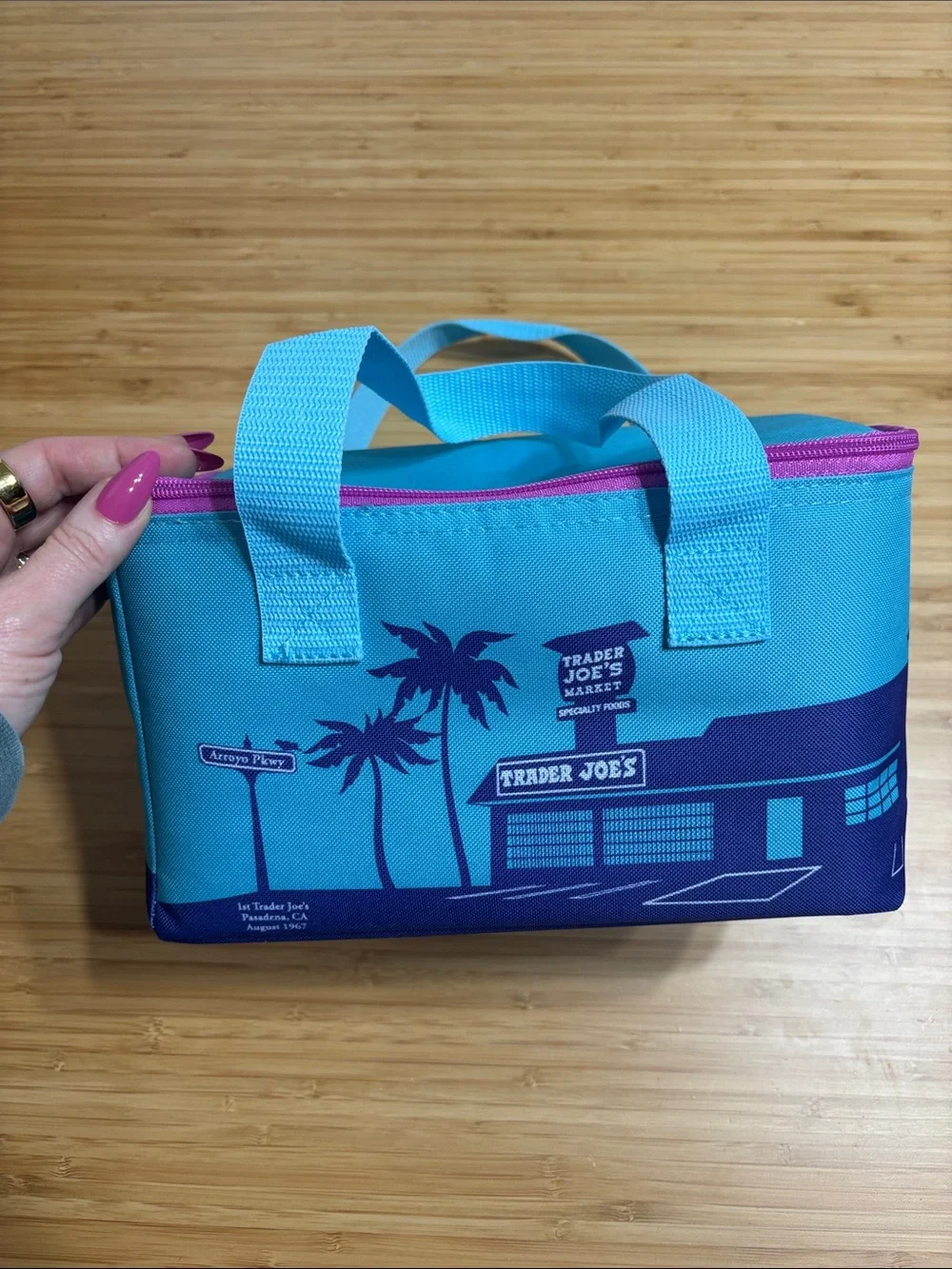 Trader Joe's Pink Striped Tote + Colorful Market Canvas & Blue Lunch Cooler Set